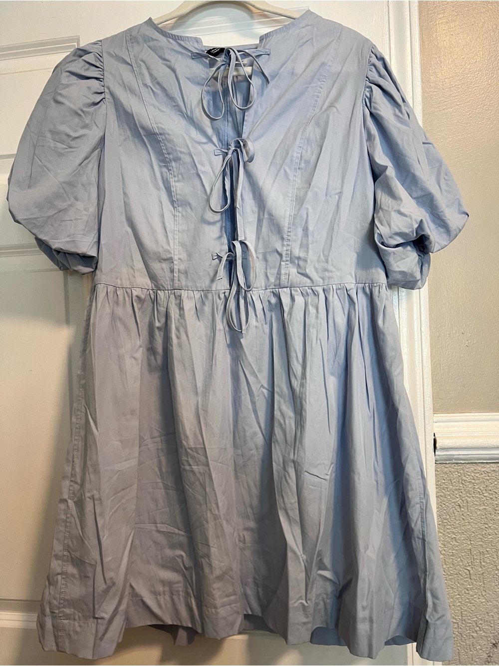 H&M Light Blue Puff-Sleeve Tie-Front Dress